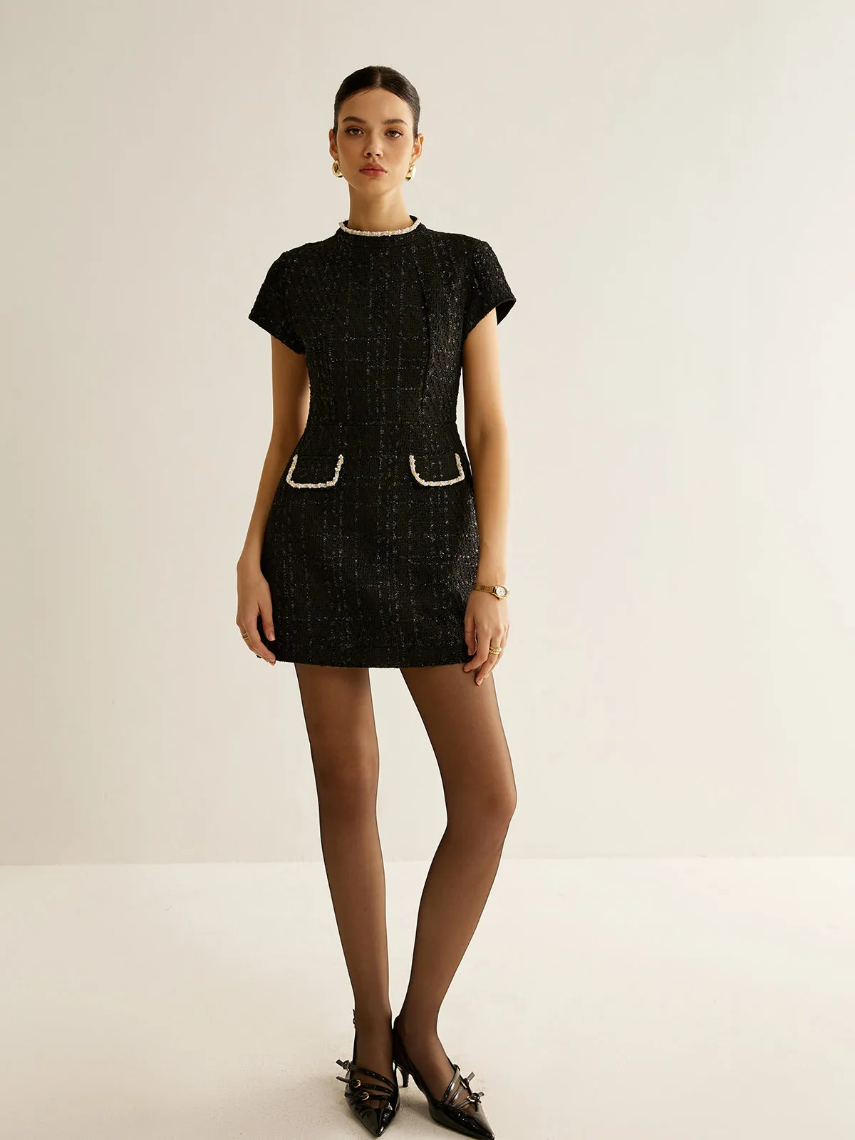 Elegant Short Sleeve Tweed Dress sold by COMMENSE product image thumbnail 4