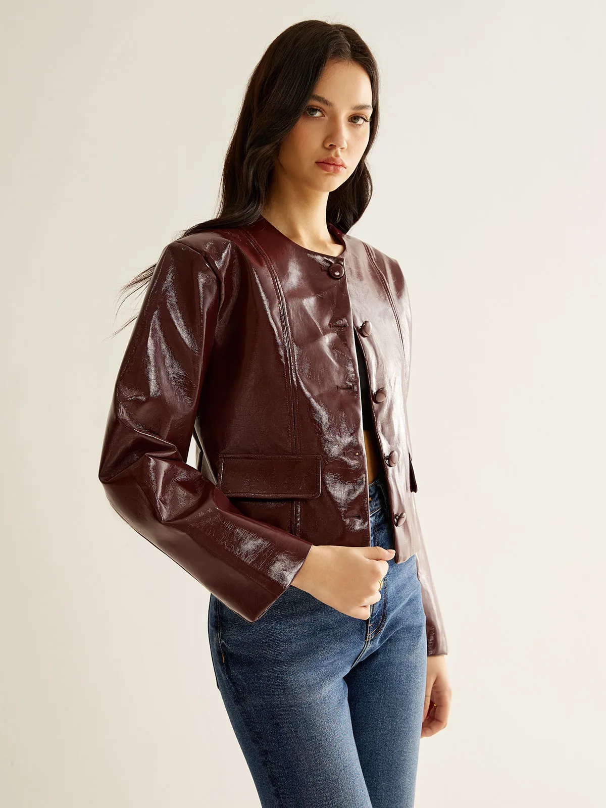 Crew Neck PU Leather Short Blazer sold by COMMENSE product image thumbnail 3