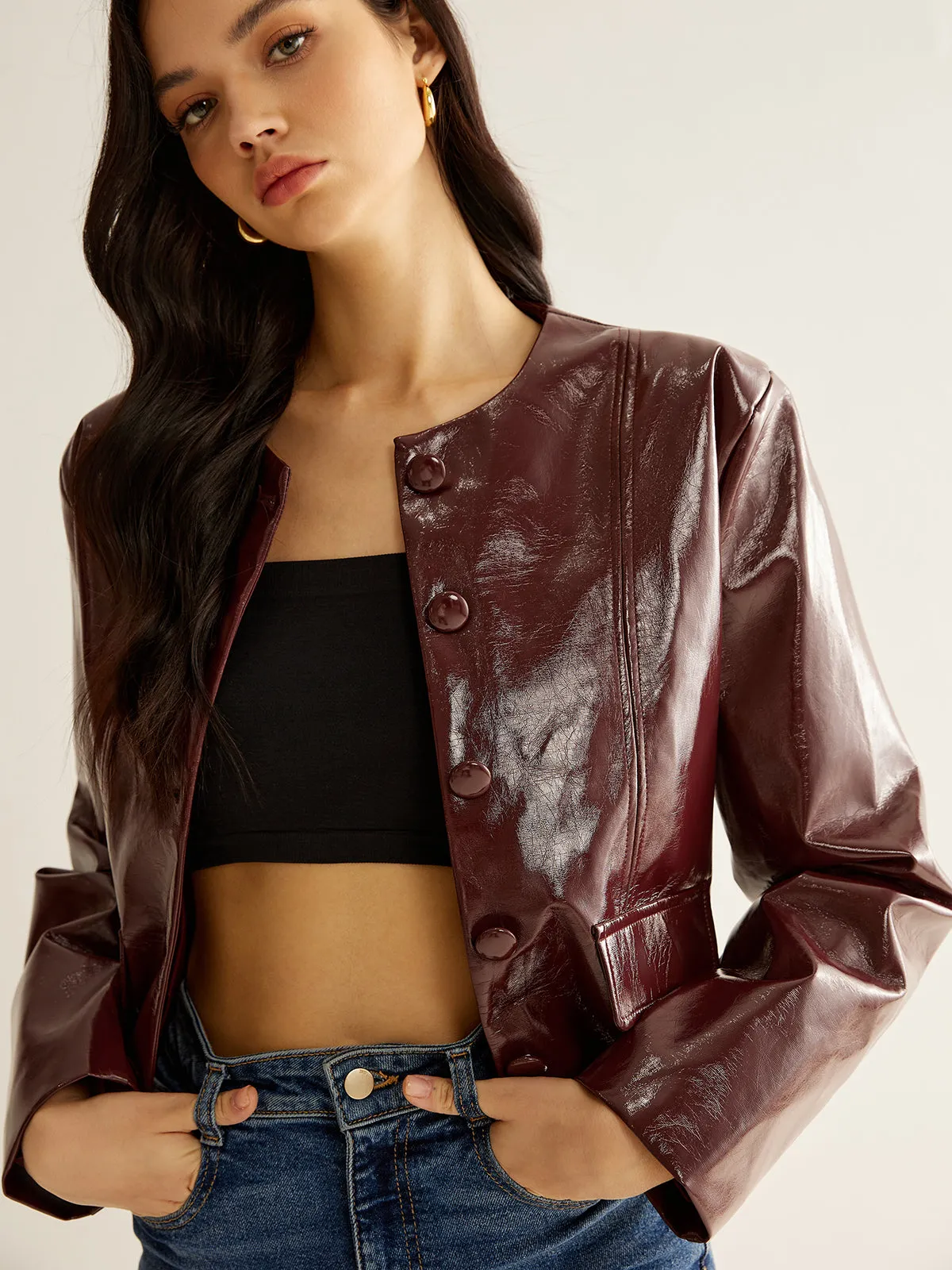 Crew Neck PU Leather Short Blazer sold by COMMENSE product image thumbnail 4