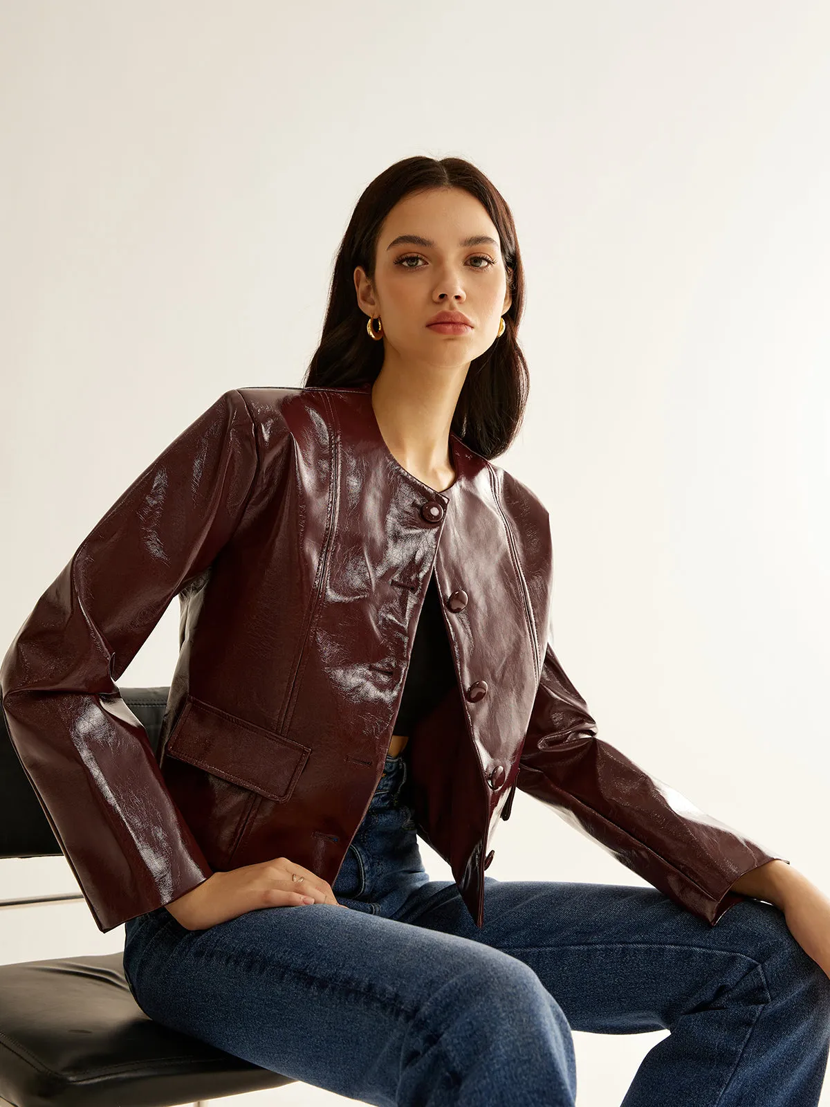 Crew Neck PU Leather Short Blazer sold by COMMENSE