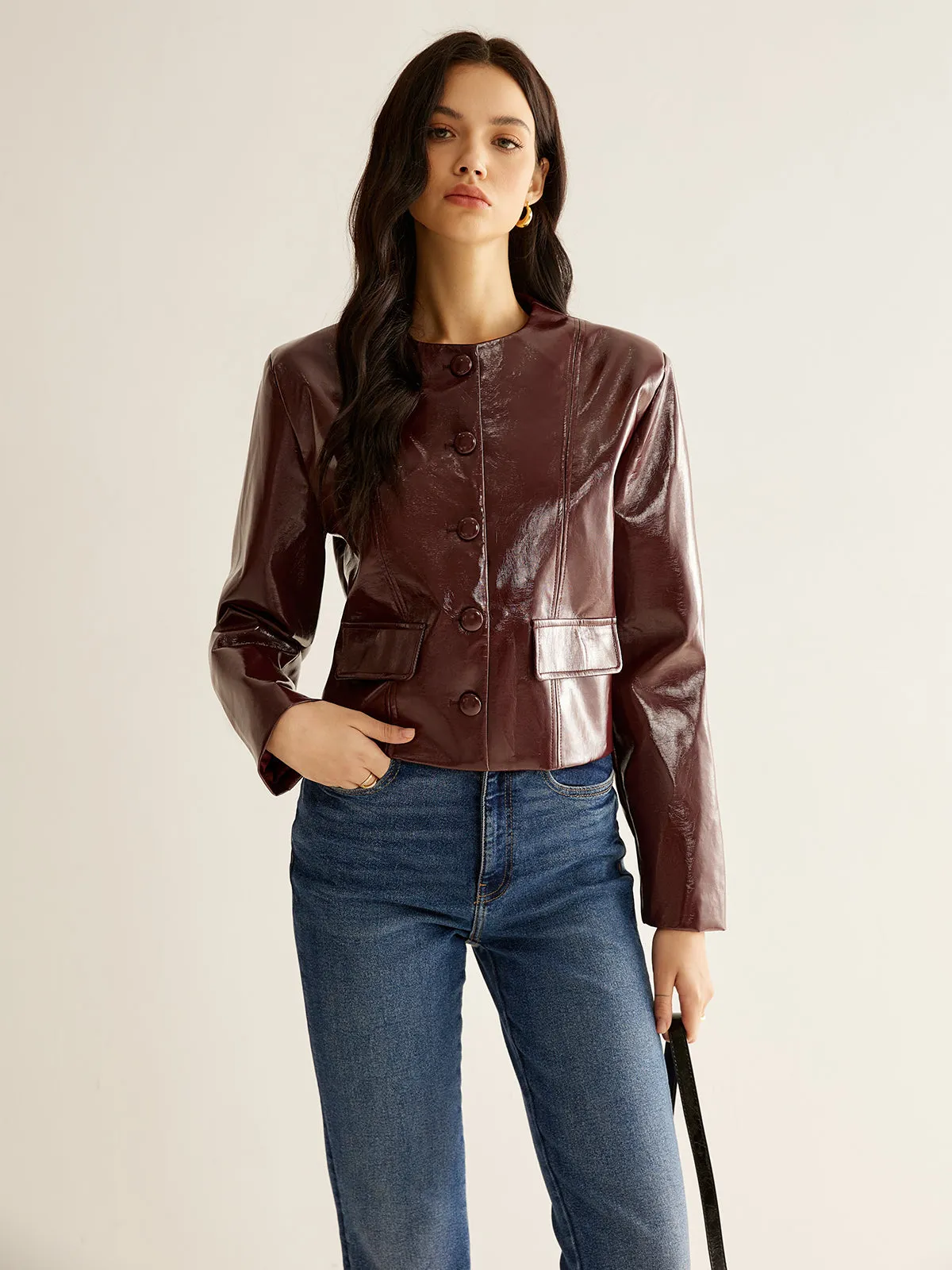 Crew Neck PU Leather Short Blazer sold by COMMENSE product image thumbnail 2