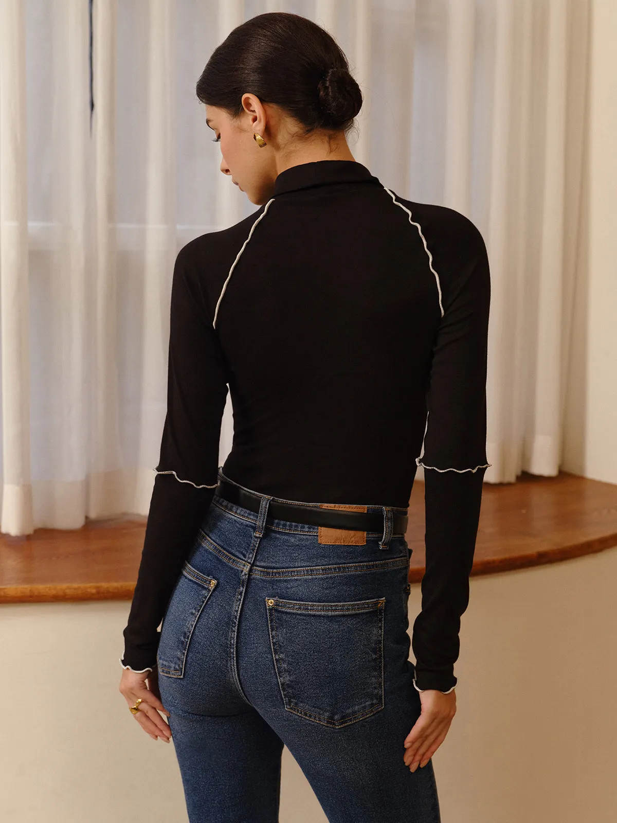 Mock Neck Lettuce Trim Slim Sweater sold by COMMENSE product image thumbnail 5