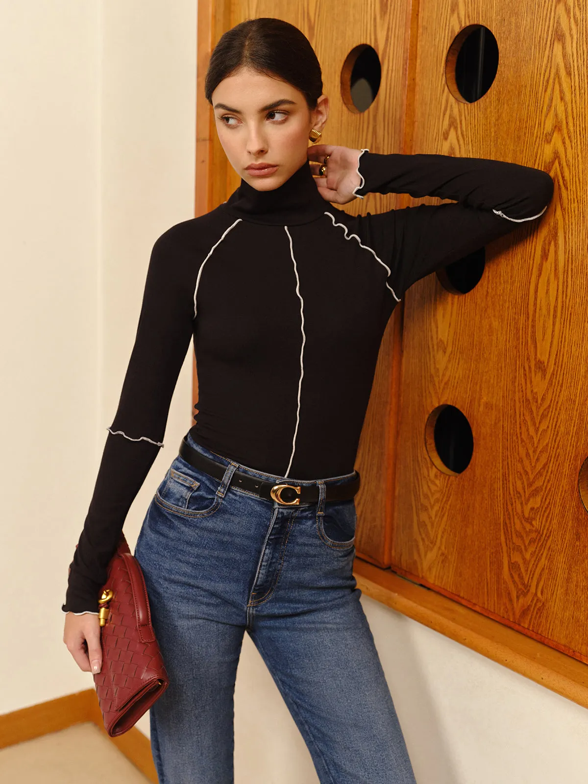 Mock Neck Lettuce Trim Slim Sweater sold by COMMENSE product image thumbnail 2