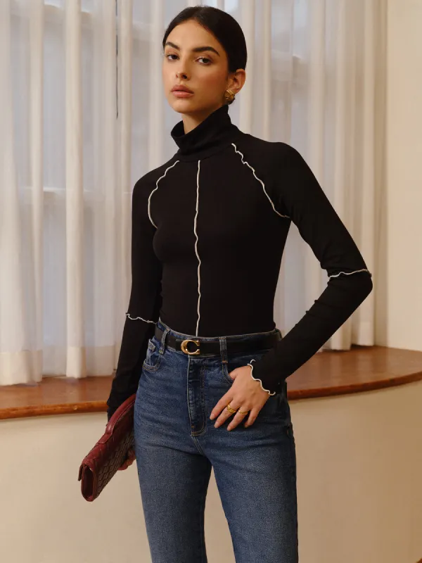 Mock Neck Lettuce Trim Slim Sweater made by COMMENSE