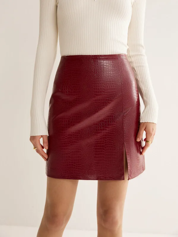 Crocodile PU Leather Slit Skirt sold by COMMENSE