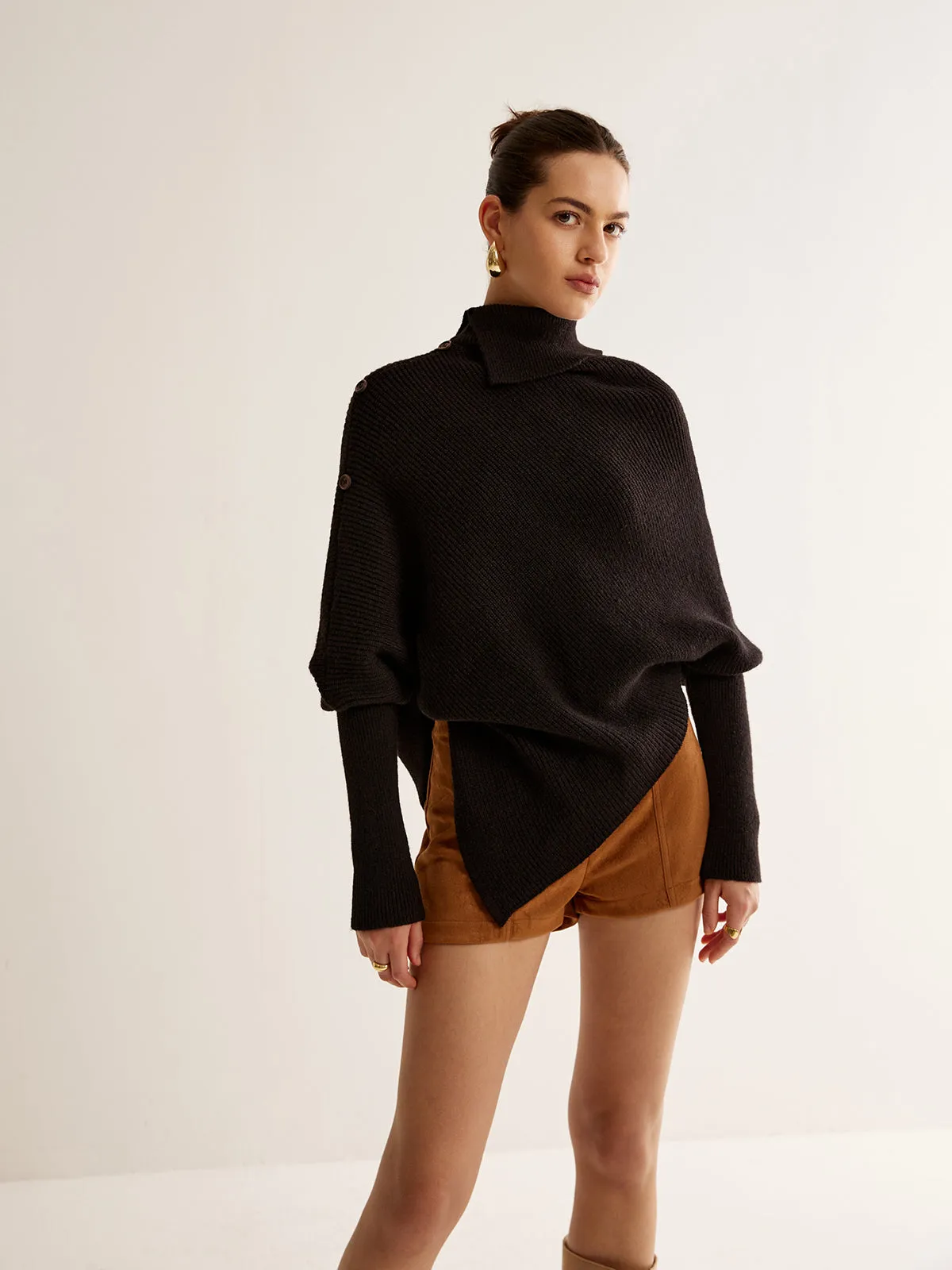 Asymmetrical Lantern Sleeve Cloak Sweater sold by COMMENSE