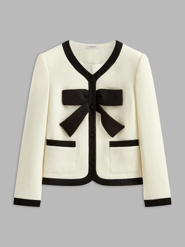 Contrast Binding Bow Button Cardigan sold by COMMENSE