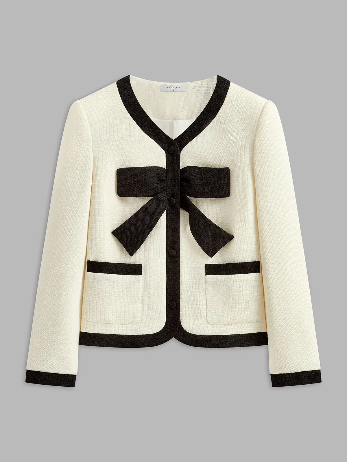 Contrast Binding Bow Button Cardigan sold by COMMENSE