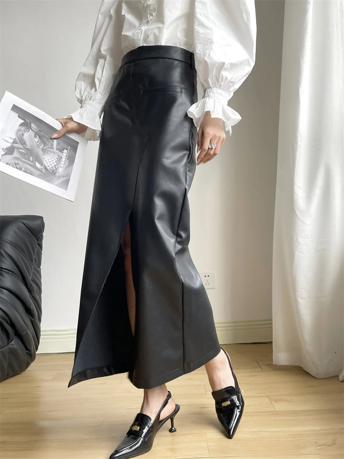 Faux Leather Split Midi Skirt sold by COMMENSE product image thumbnail 2