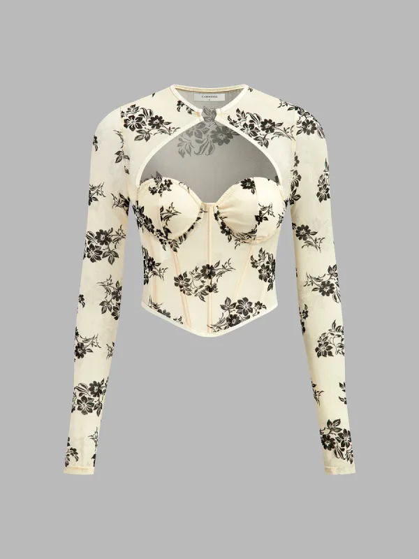 Flocked Jacquard Heart-Ring Cutout Top sold by COMMENSE