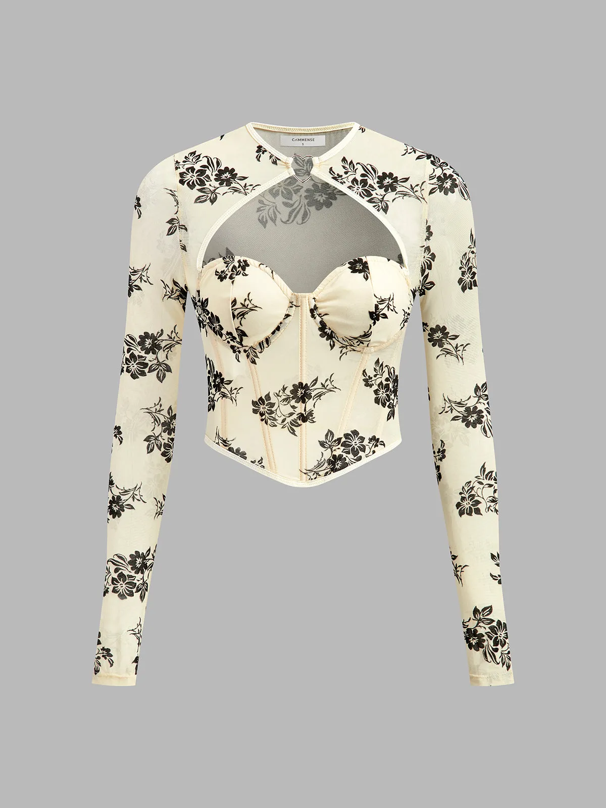 Flocked Jacquard Heart-Ring Cutout Top sold by COMMENSE