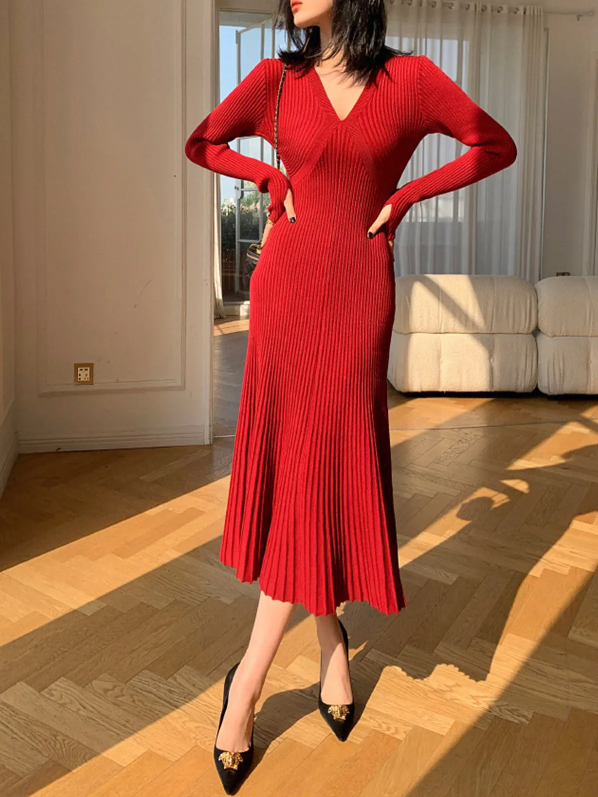 Elegant V-Neck Pleated Dress sold by COMMENSE