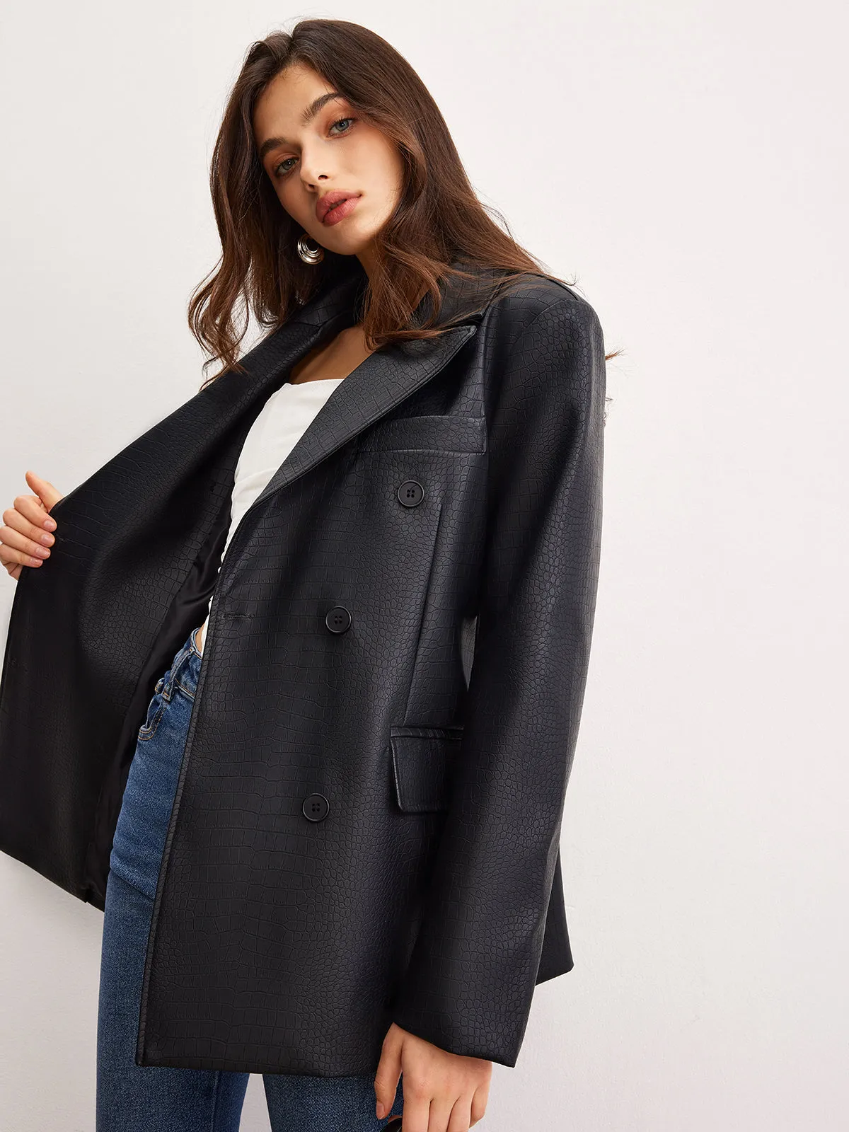 Crocodile PU Leather Button Blazer sold by COMMENSE product image thumbnail 4