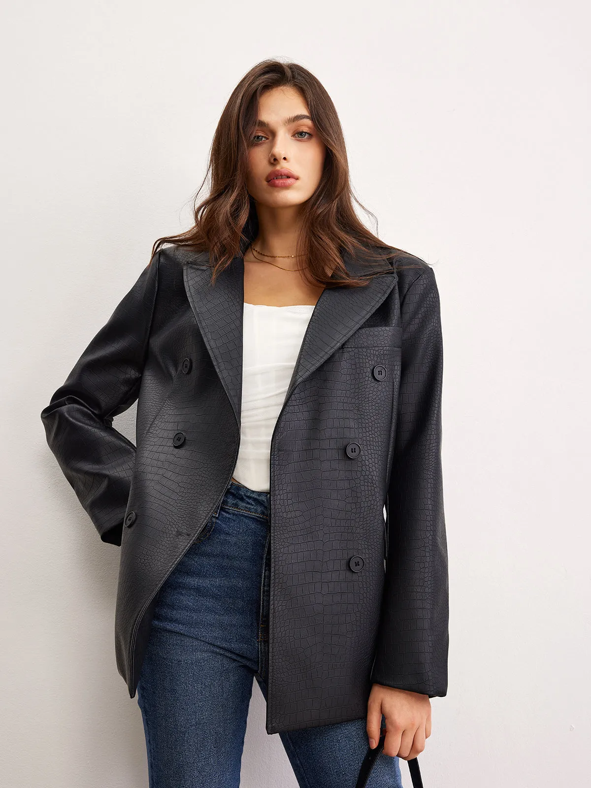 Crocodile PU Leather Button Blazer sold by COMMENSE