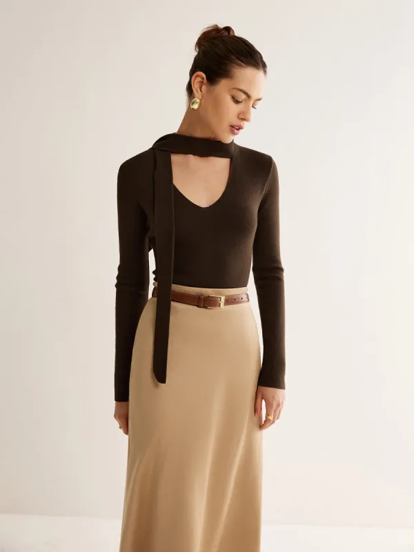 Tie Neck Slim Knit Top sold by COMMENSE