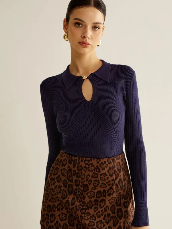 Ribbed Keyhole Neckline Polo Sweater sold by COMMENSE