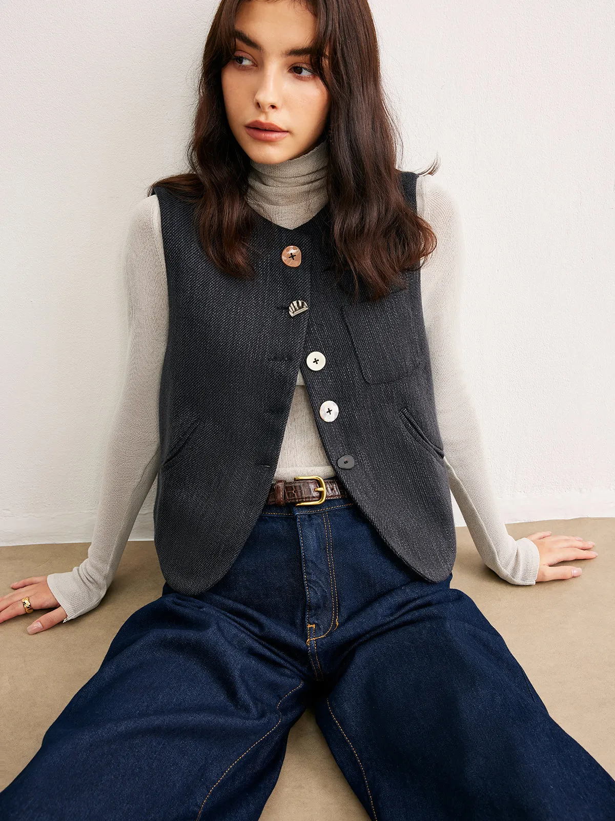 Geometric Button Short Vest sold by COMMENSE