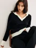 Color Block V-Neck Twist Sweater sold by COMMENSE