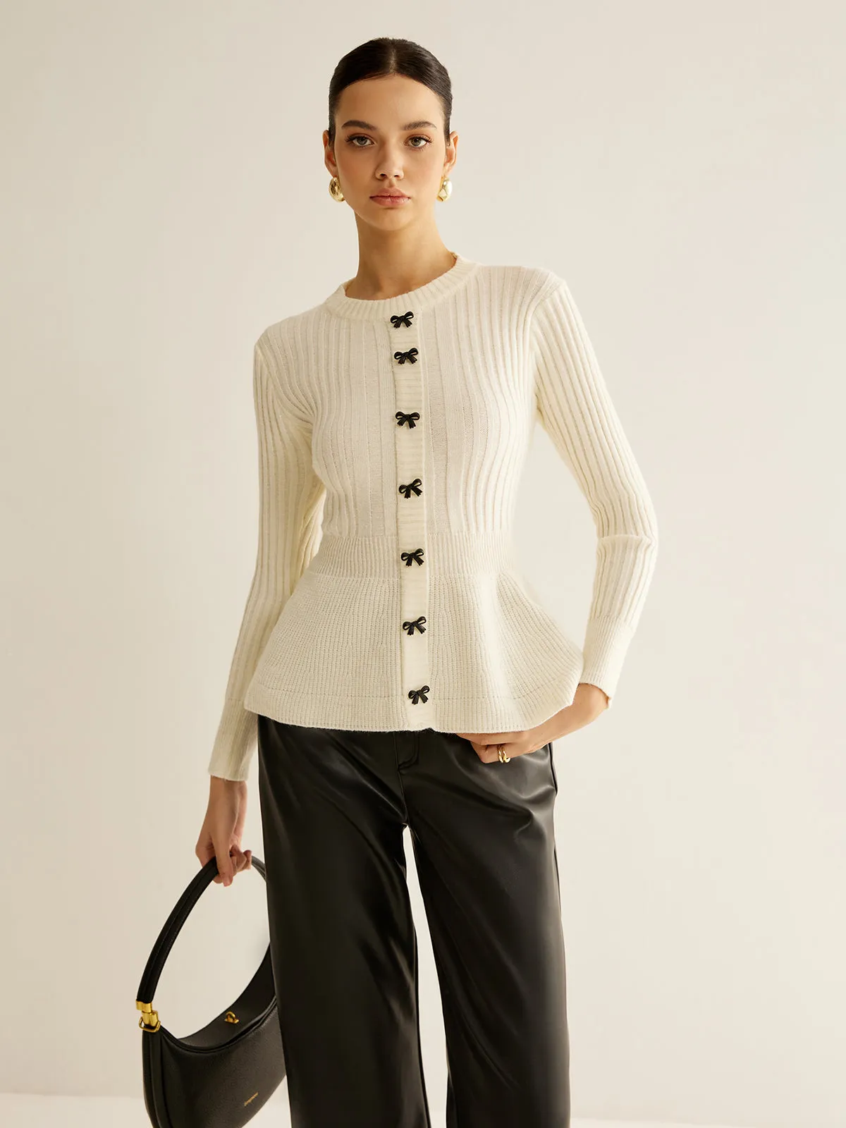 Bow Decor Ruffle Knit Top sold by COMMENSE