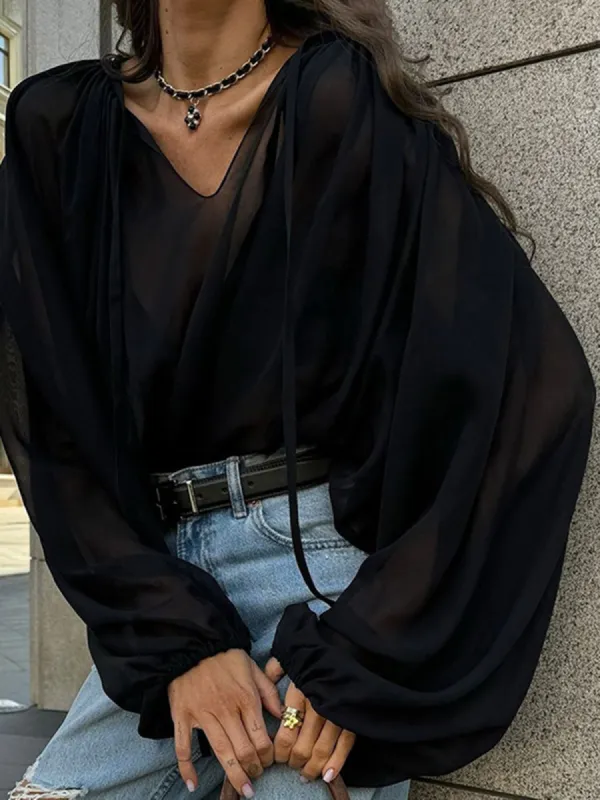Tie Neck Chiffon Thin Shirt sold by COMMENSE