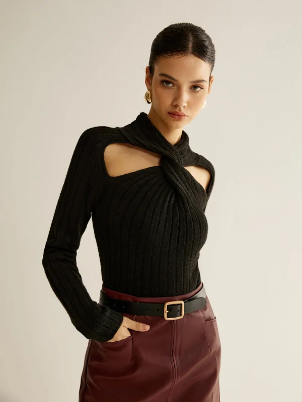 Twist Cutout Slim Knit Top sold by COMMENSE