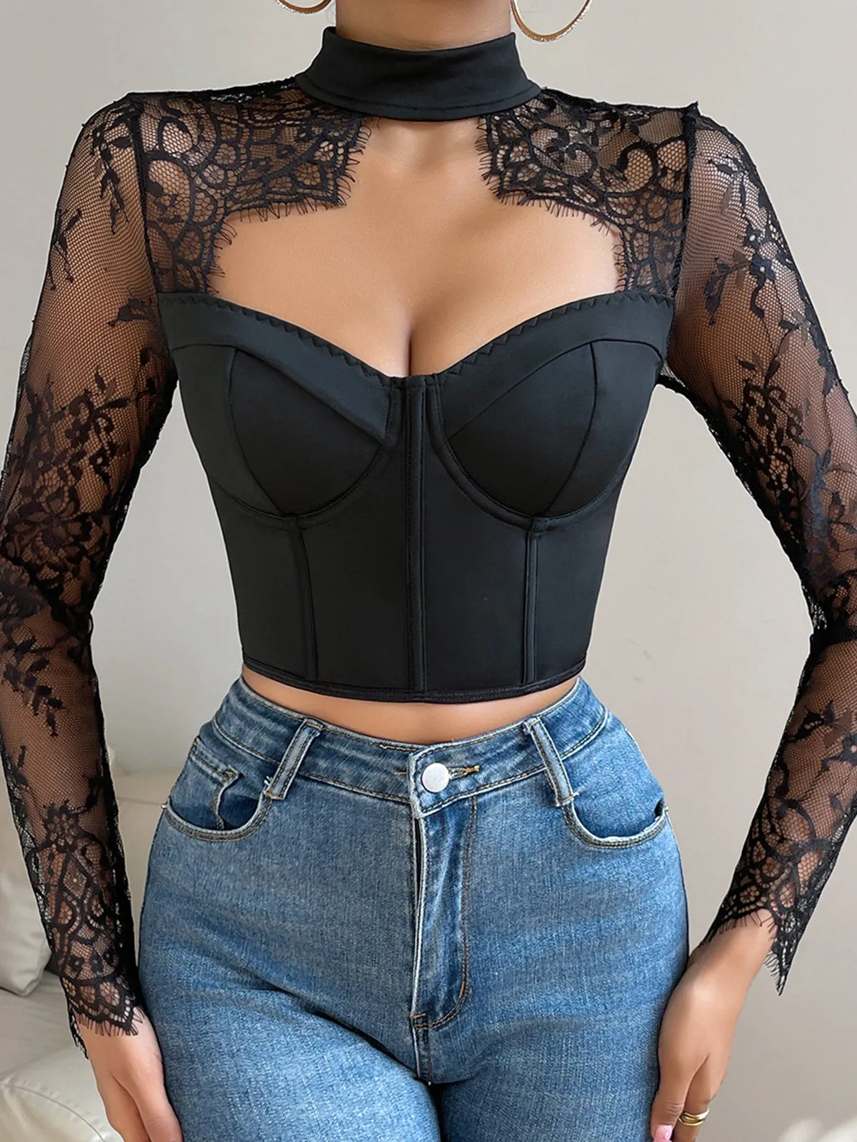 Cutout Lace Panel Corset Blouse sold by COMMENSE product image thumbnail 4