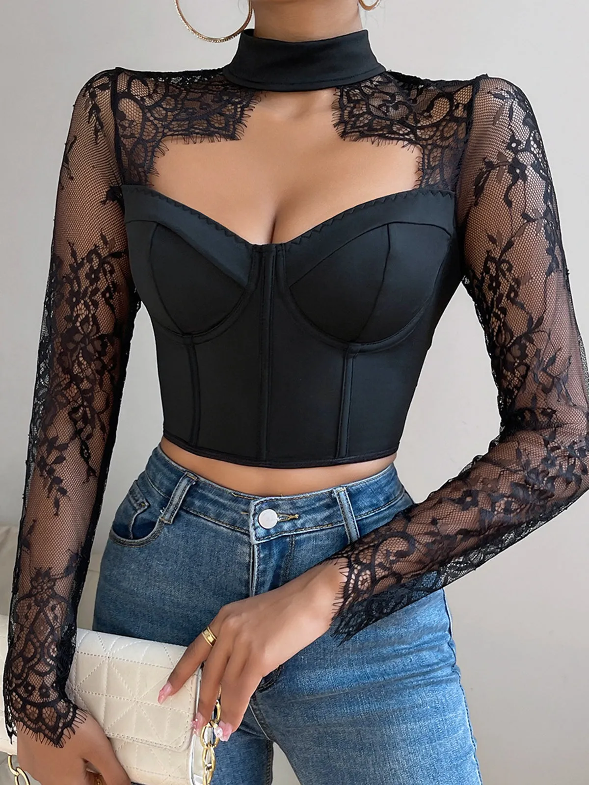 Cutout Lace Panel Corset Blouse sold by COMMENSE