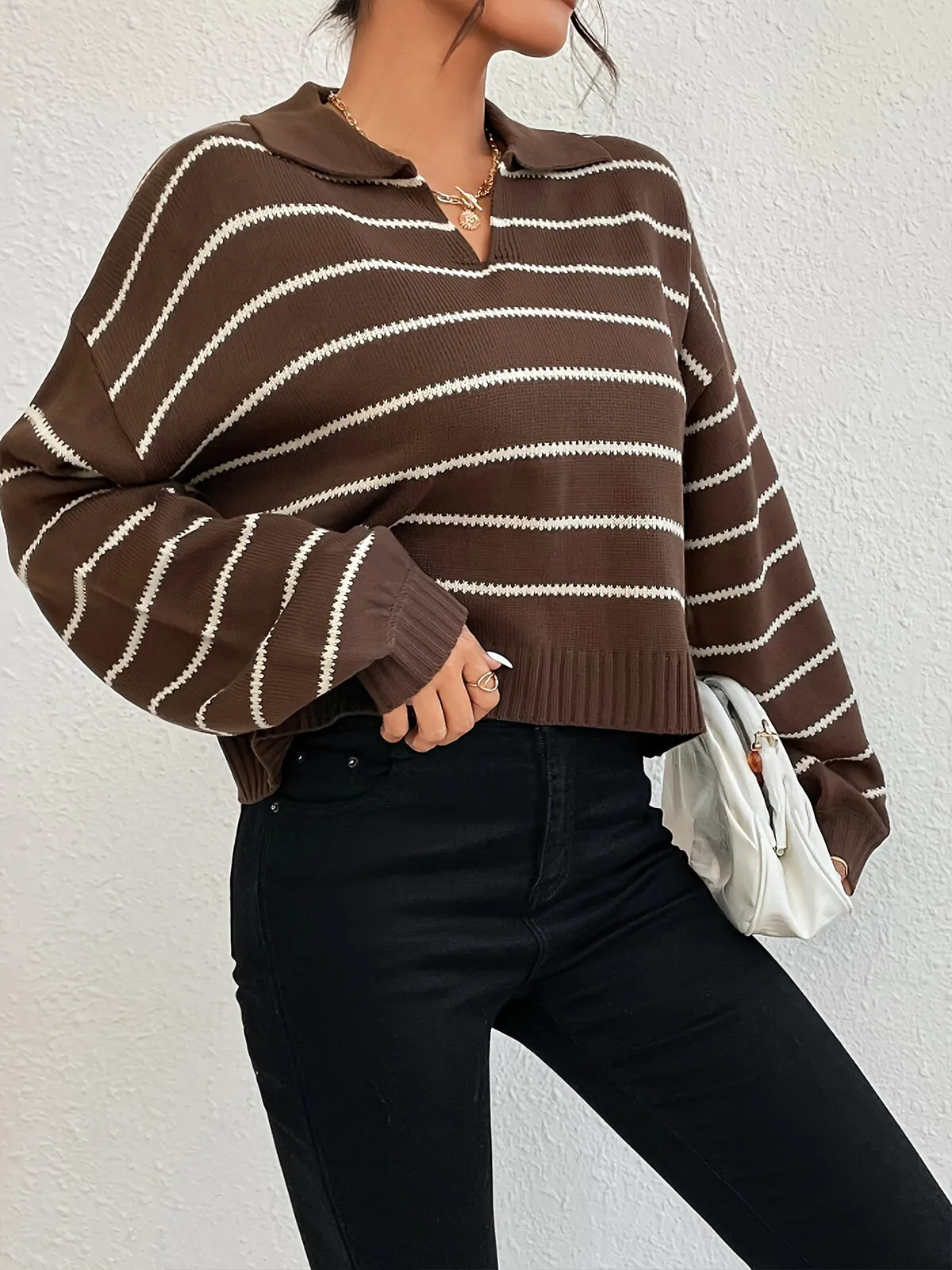 Contrast Striped Lapel Short Sweater sold by COMMENSE product image thumbnail 3