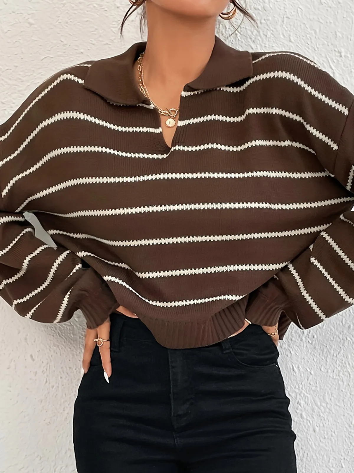 Contrast Striped Lapel Short Sweater sold by COMMENSE product image thumbnail 4