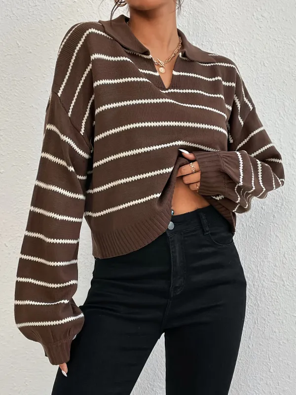 Contrast Striped Lapel Short Sweater made by COMMENSE