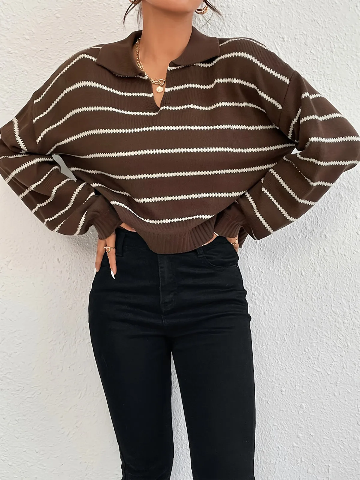 Contrast Striped Lapel Short Sweater sold by COMMENSE product image thumbnail 5