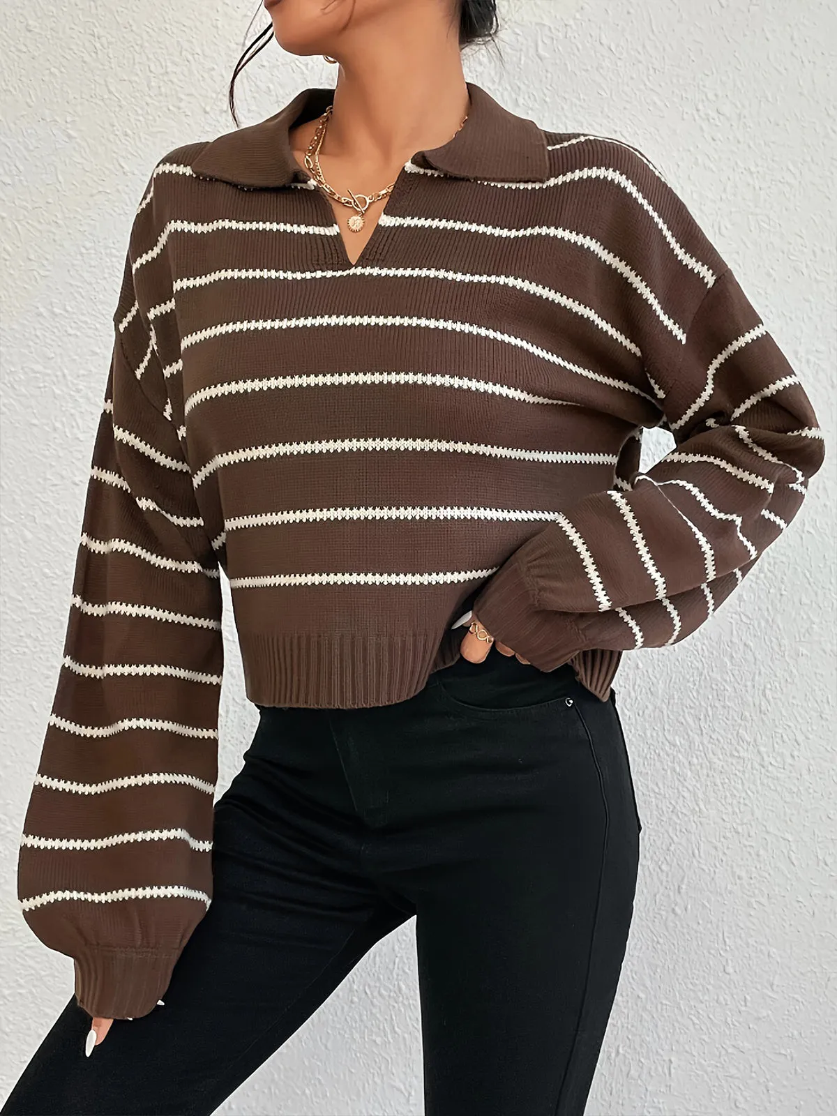 Contrast Striped Lapel Short Sweater sold by COMMENSE product image thumbnail 2