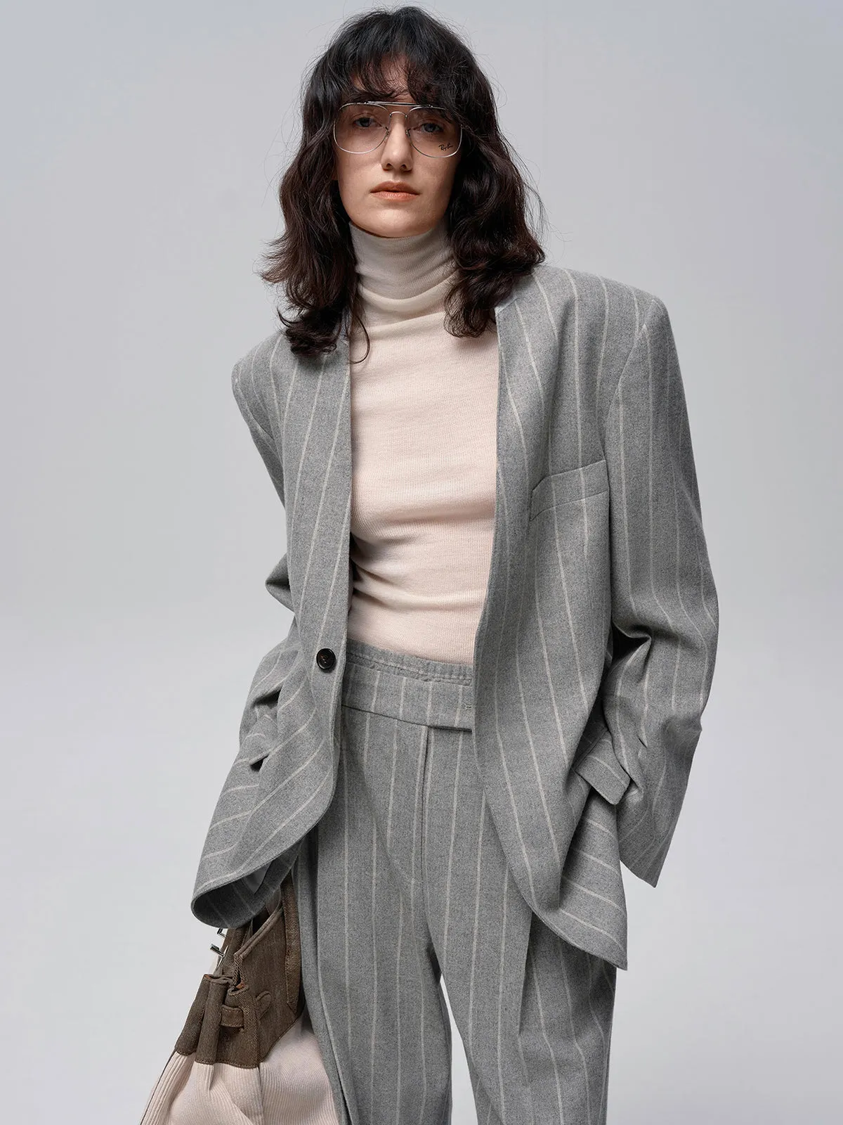 Wool-Blend Pinstripe Tweed Blazer sold by COMMENSE