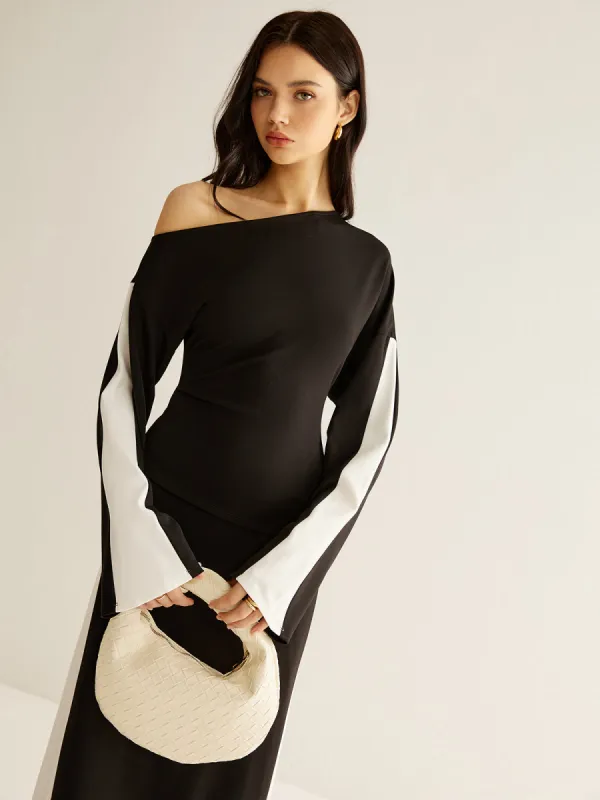 Asymmetrical Color Block Jersey Blouse sold by COMMENSE