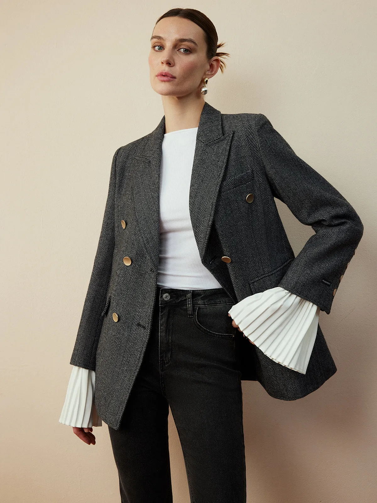 Wool-Blend Chevron Tweed Fit Blazer sold by COMMENSE