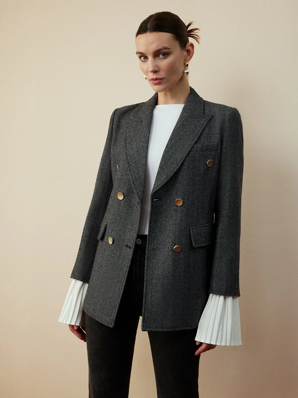 Wool-Blend Chevron Tweed Fit Blazer sold by COMMENSE product image thumbnail 2