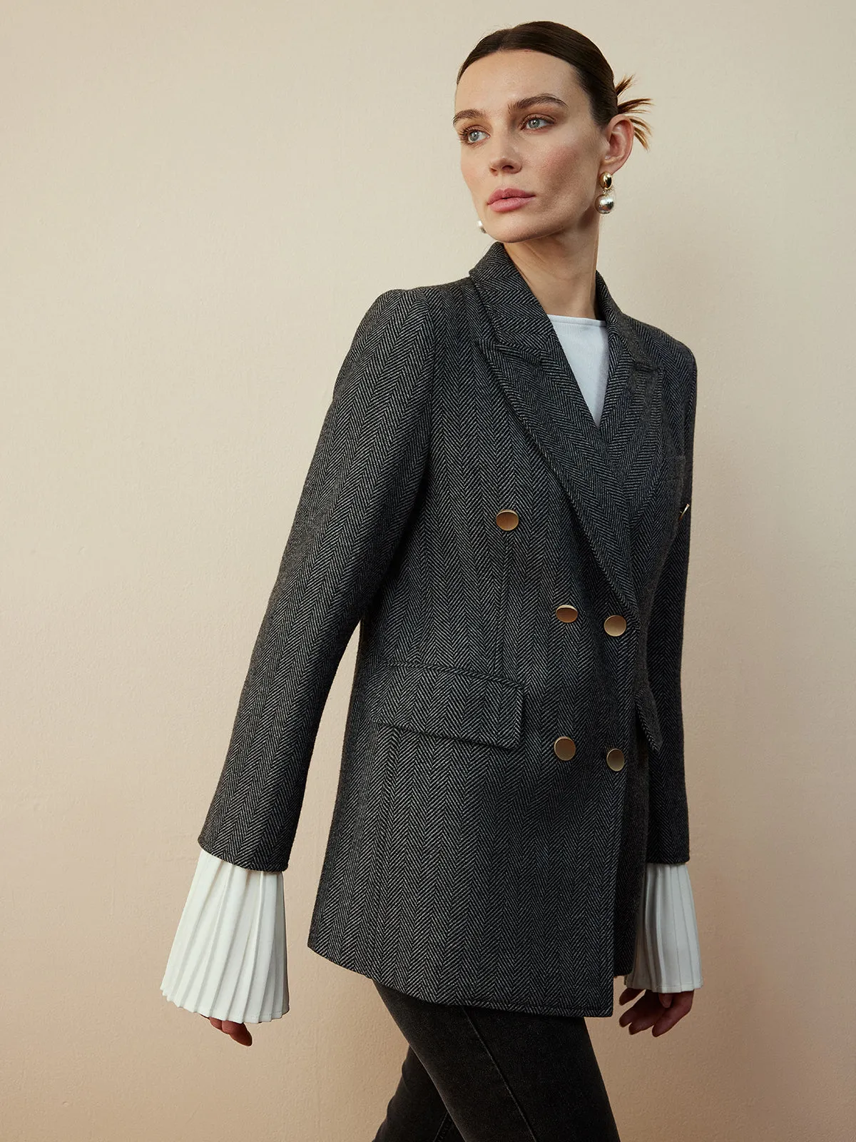 Wool-Blend Chevron Tweed Fit Blazer sold by COMMENSE product image thumbnail 3