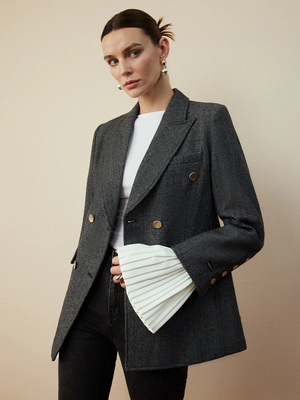 Wool-Blend Chevron Tweed Fit Blazer sold by COMMENSE product image thumbnail 5