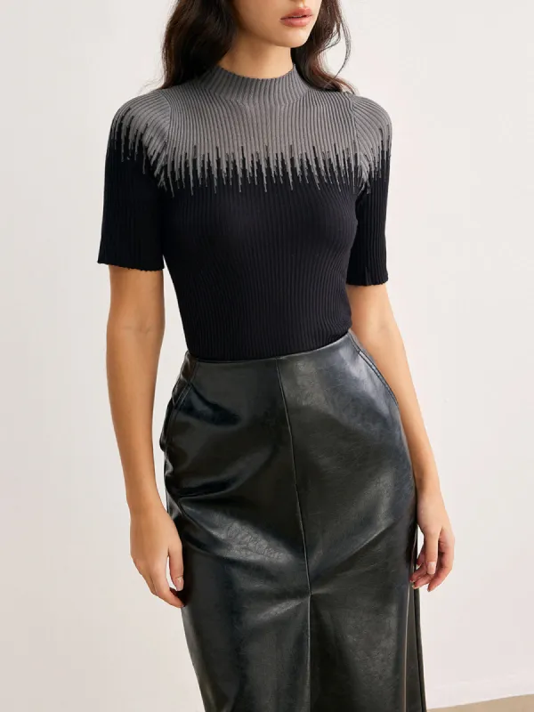 Stand Collar Ombre Short Sleeve Sweater sold by COMMENSE