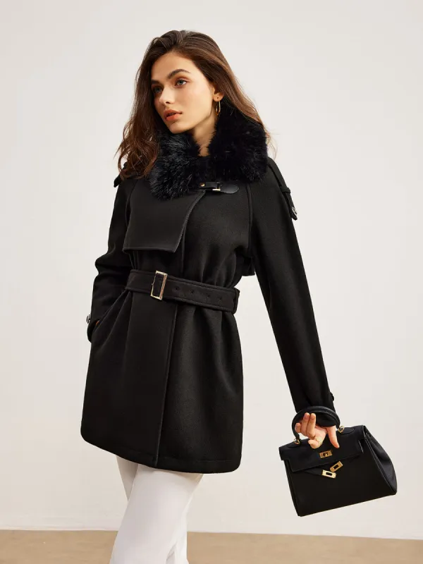 Adjustable Fur-Collar Belted Trench Coat sold by COMMENSE