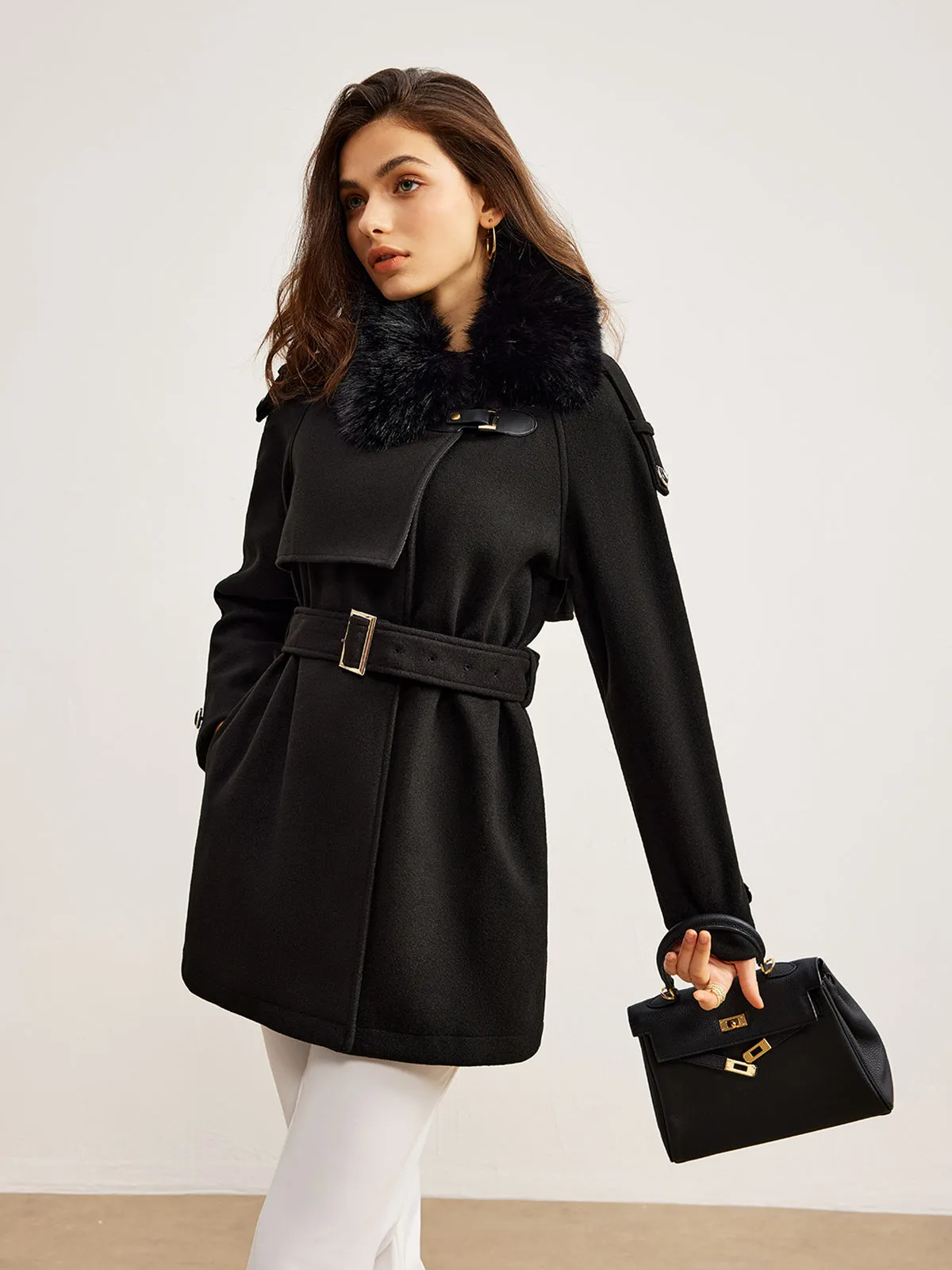 Adjustable Fur-Collar Belted Trench Coat sold by COMMENSE