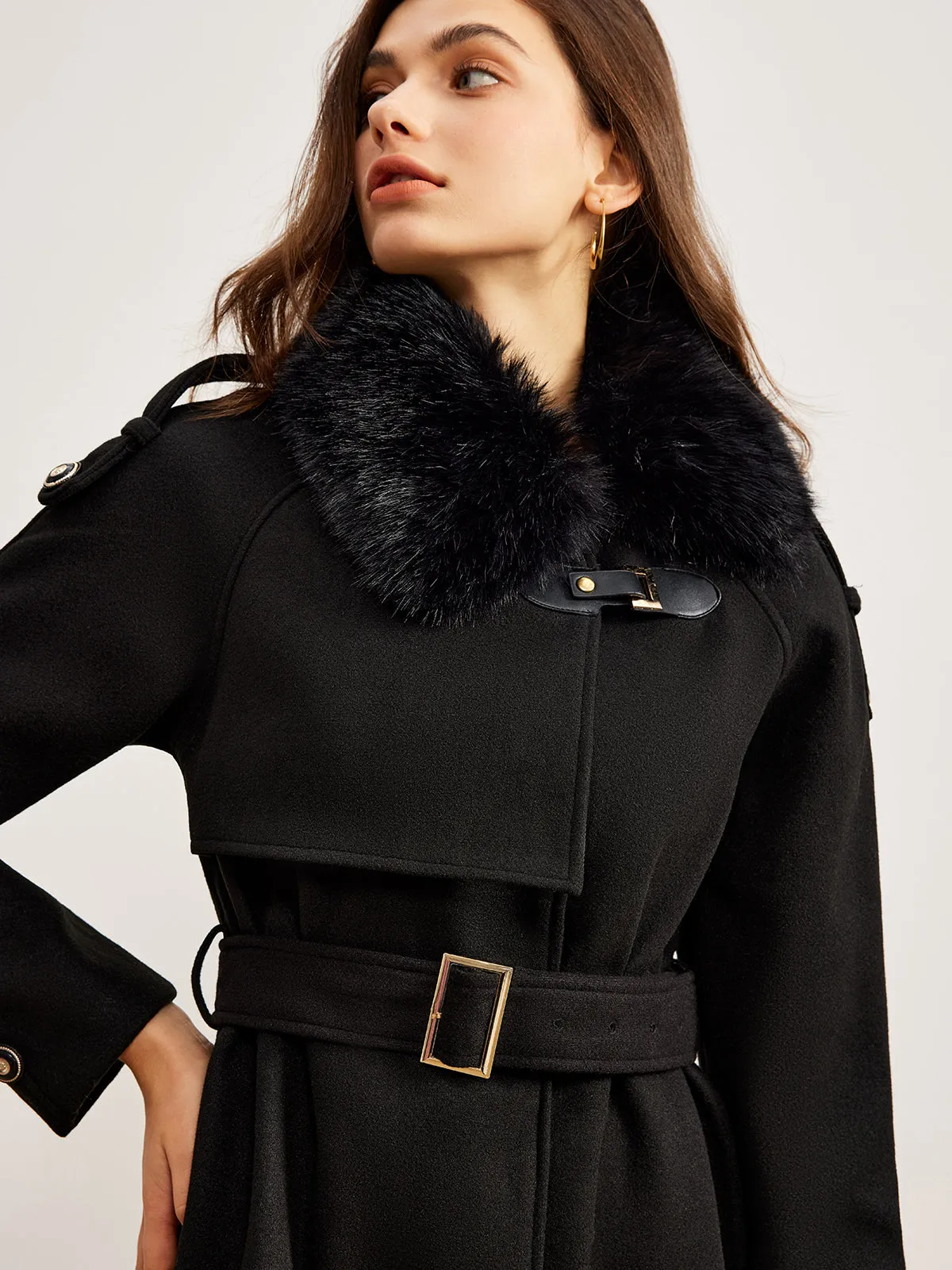 Adjustable Fur-Collar Belted Trench Coat sold by COMMENSE product image thumbnail 2