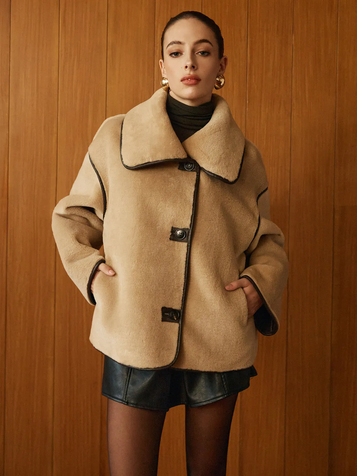 Contrast Piping Shift Minky Coat sold by COMMENSE
