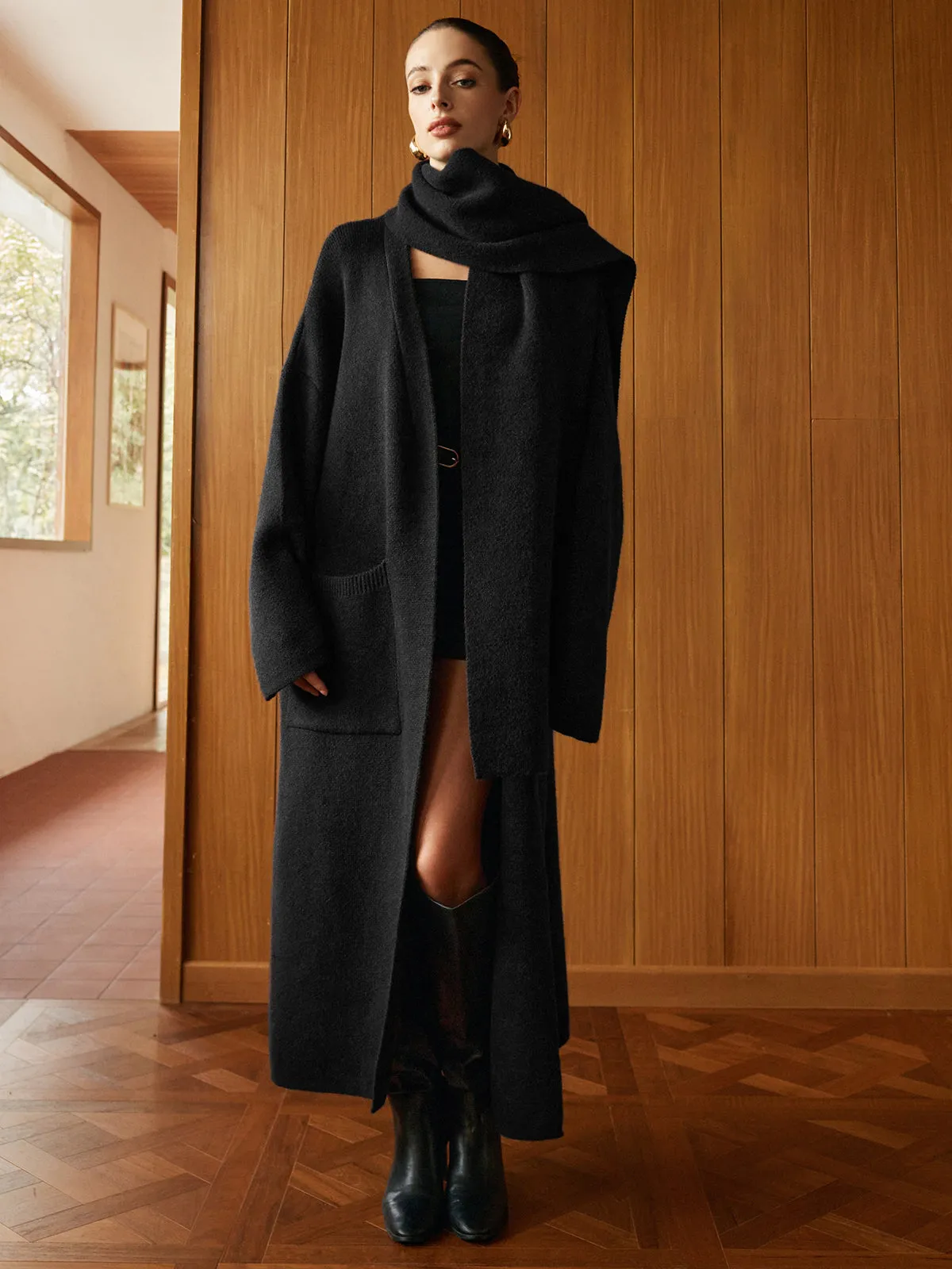 Pockets Long Knit Outerwear With Scarf sold by COMMENSE