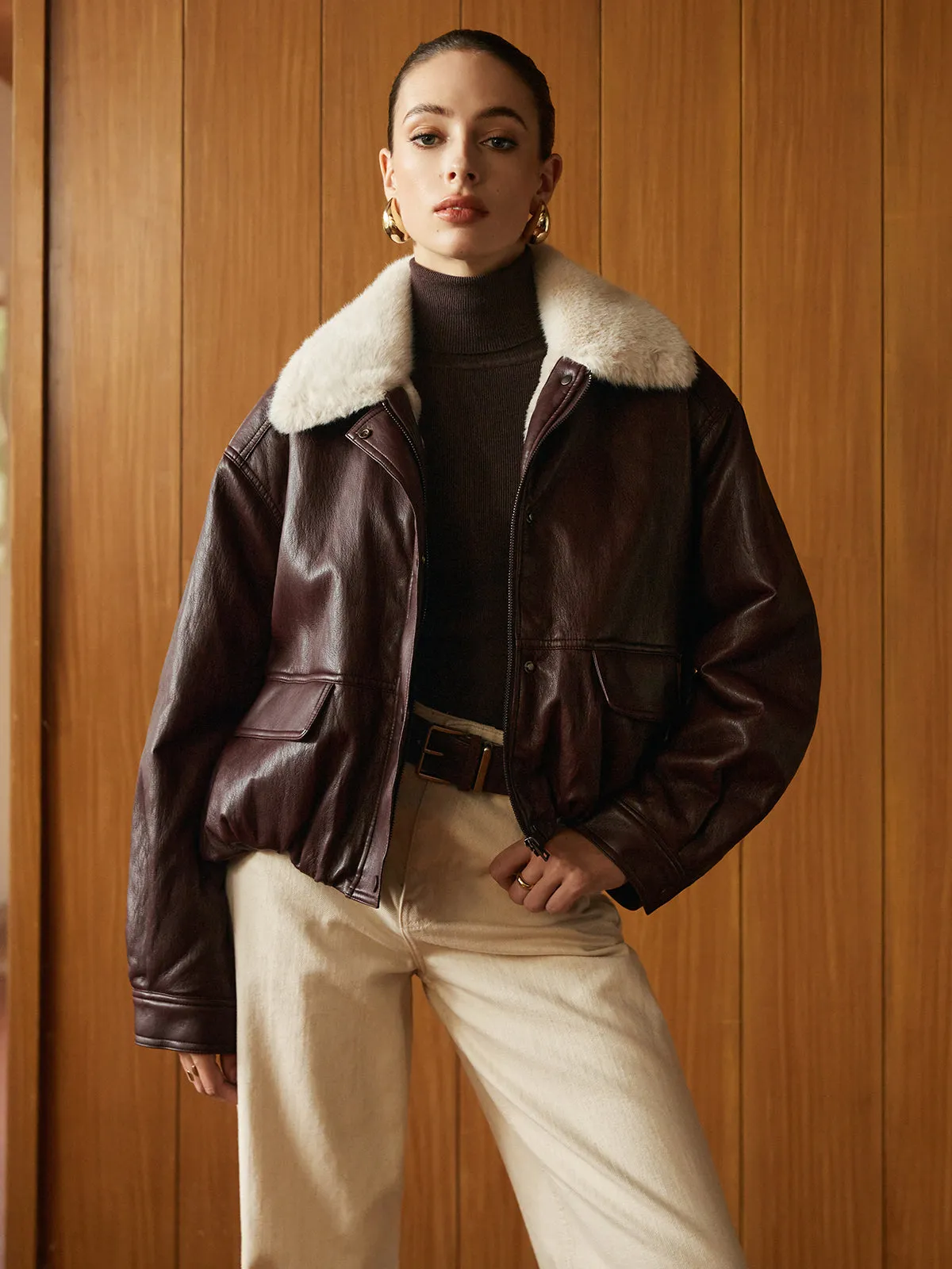 Fleece Lined Faux Leather Zipper Coat sold by COMMENSE