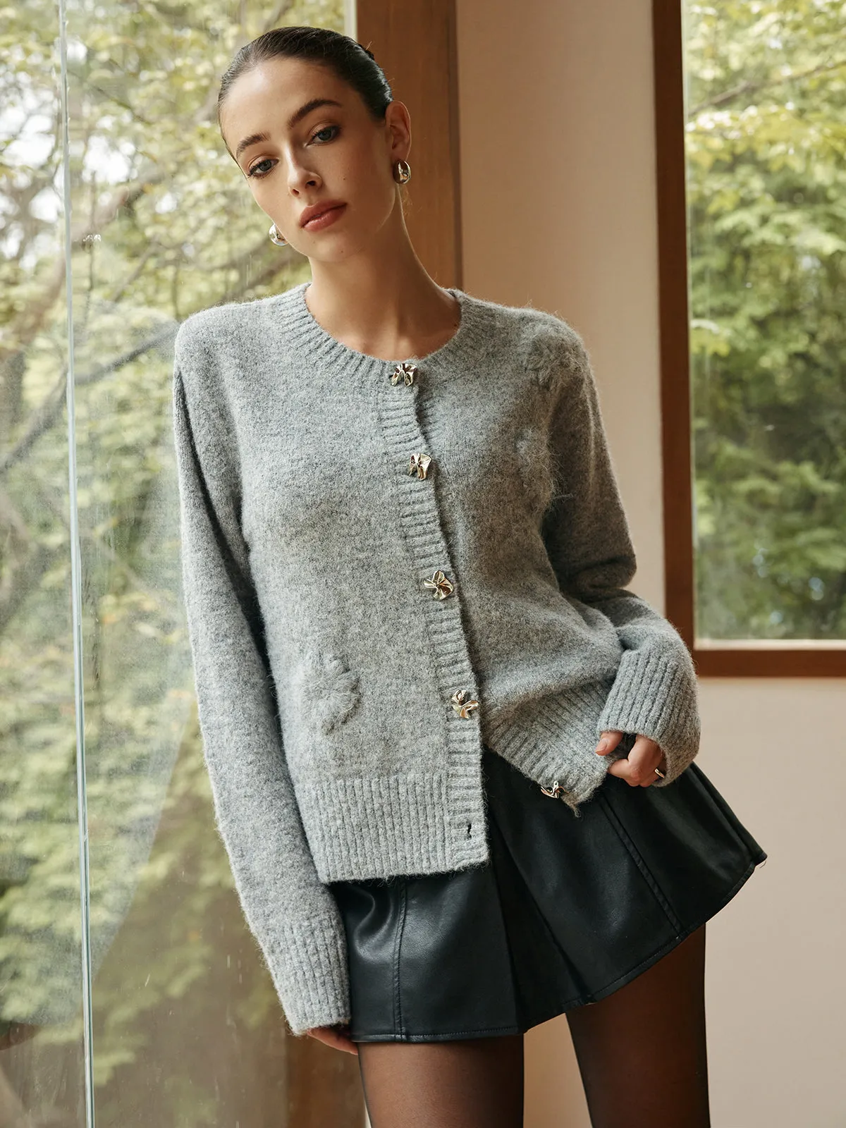 Knit-Floral Metal Button Cardigan sold by COMMENSE