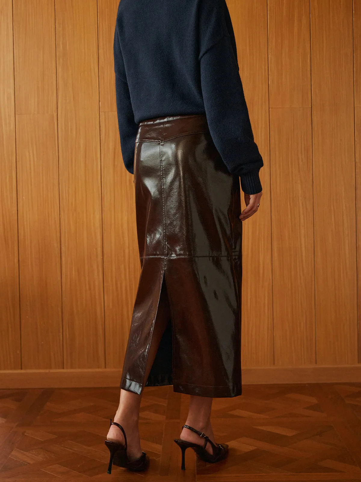 Pocket Split Faux Leather Skirt sold by COMMENSE product image thumbnail 4