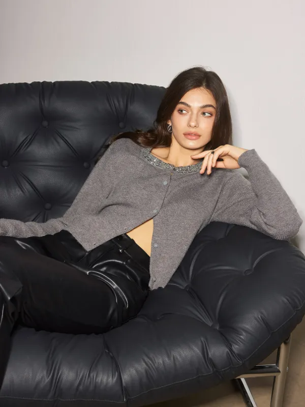 Rhinestone Neck Breasted Cardigan sold by COMMENSE