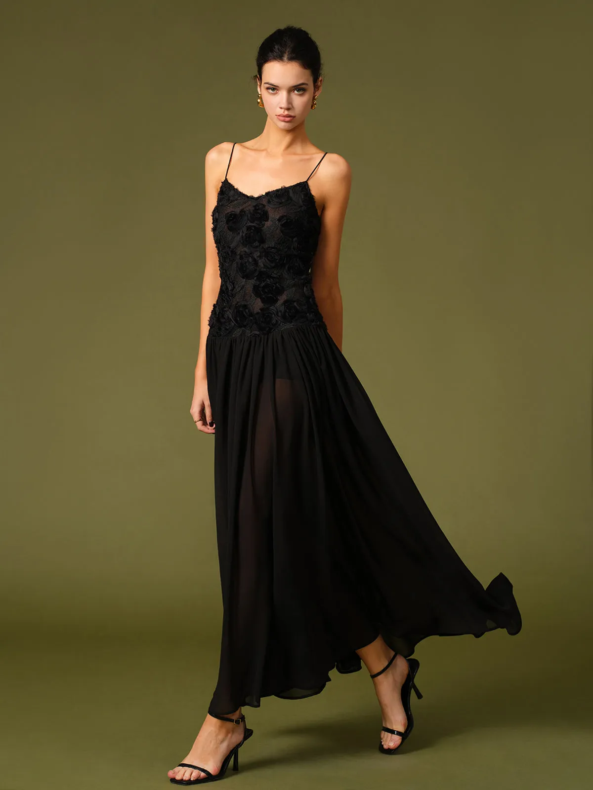 3D Flower Chiffon Panel Cami Dress sold by COMMENSE