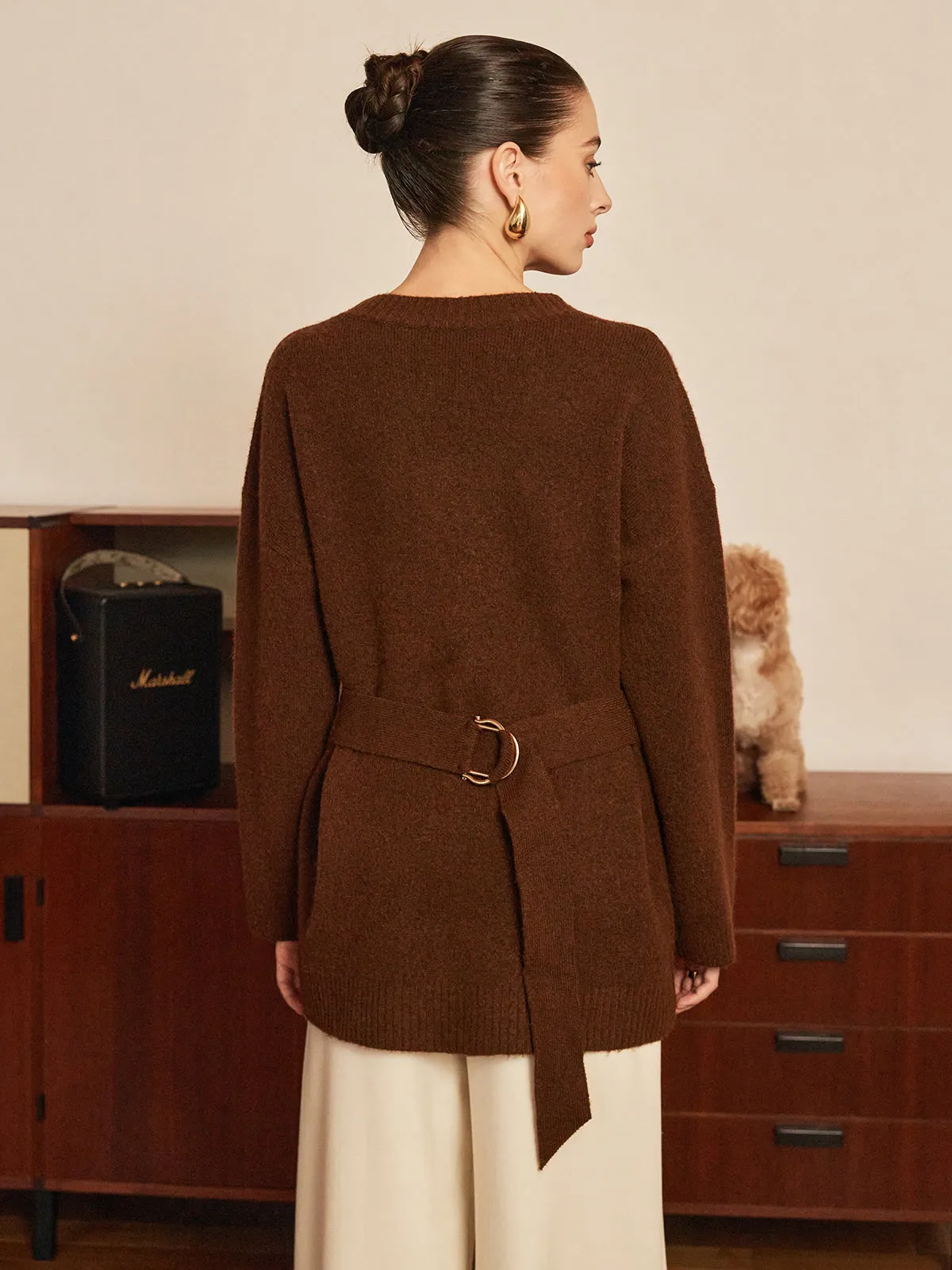 Wool-Blend Metal-Button Belted Cardigan sold by COMMENSE product image thumbnail 2